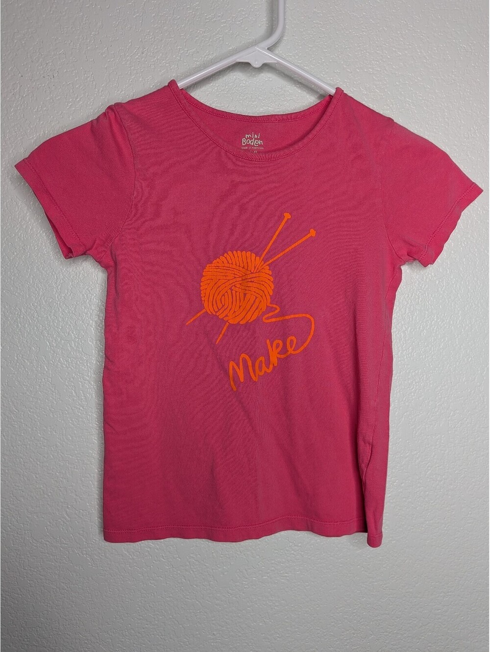 Mini Boden Girls Pink Make Yarn Knitting Graphic T-Shirt Size 7-8Y